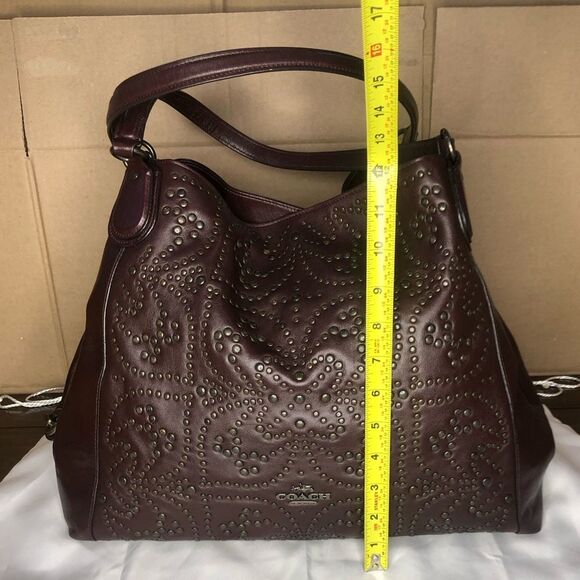 COACH Edie Oxblood Studded Soft Leather Triple Section Shoulder Bag w/ Turn Lock - Picture 10 of 17